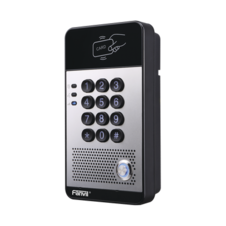 Portero IP con 2 líneas SIP, relevador integrado, teclado numérico y lectora de tarjetas RFID para control de acceso, PoE
