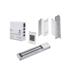 Kit para control de acceso incluye Fuente de 12VCD con respaldo de batería/ Chapa magnética de 600Lbs / Montajes L y Z / Botón de salida