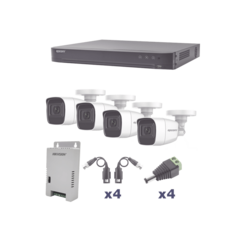 KIT TurboHD 1080p / DVR 4 Canales / 4 Cámaras Bala Policarbonato con Audio Integrado (exterior 2.8 mm) / Transceptores / Conectores / Fuente de Poder Profesional